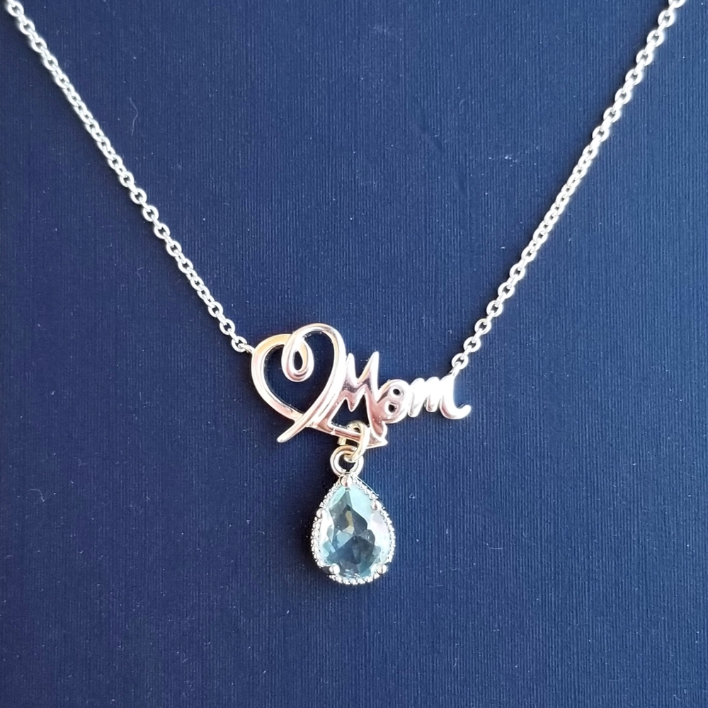 Sterling Silver Mom Pendant Necklace, Aquamarine Necklace, Mothers Day Gift - Picture 4 of 7